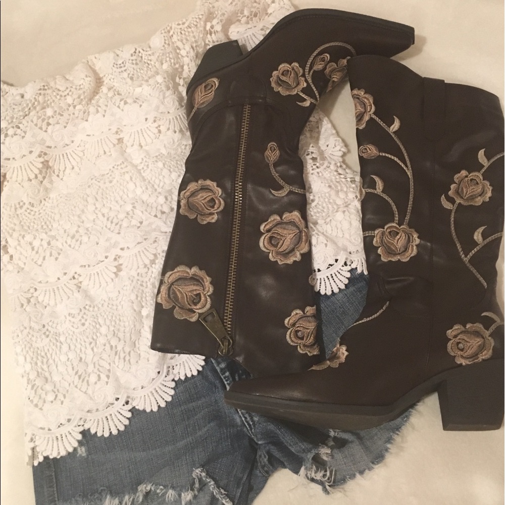 Roper Rose Brown Faux Leather ZIP Western Boots